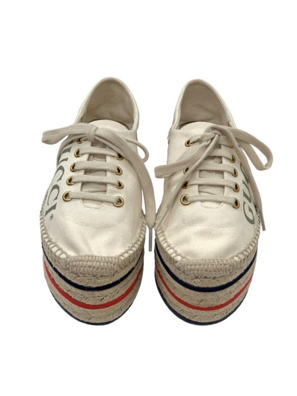 Gucci Sneakers Shoes Canvas Ivory Red Blue Logo Espadrilles Platform - Picture 3 of 10